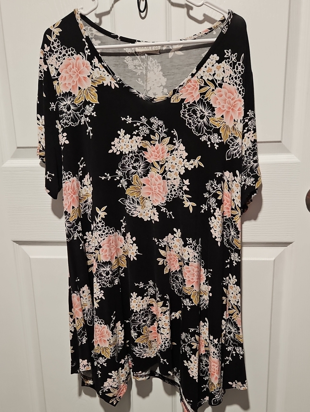 Floral V-Neck Tunic in Black with Soft Pink Blooms